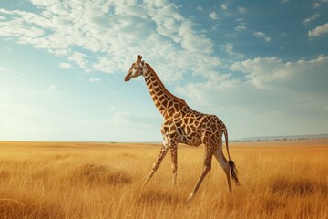 Fototapeta premium A graceful giraffe moves elegantly across the wide expanse of the African savanna under a bright sky filled with fluffy clouds during the warm hours of the day