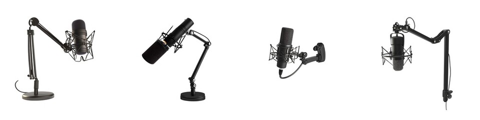 Set of Modern Studio Microphone with Side Stand Arm Isolated on Transparent Background