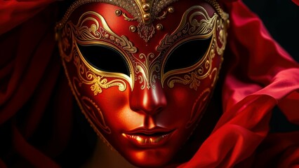 Ornate red venetian mask with gold embellishments and intricate details