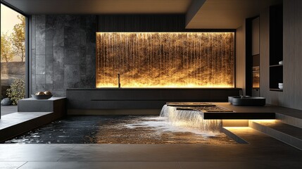 Modern bathroom with waterfall feature, garden view