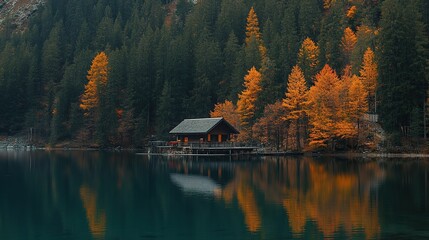 Autumn lake cabin, forest reflection, serene landscape, travel poster