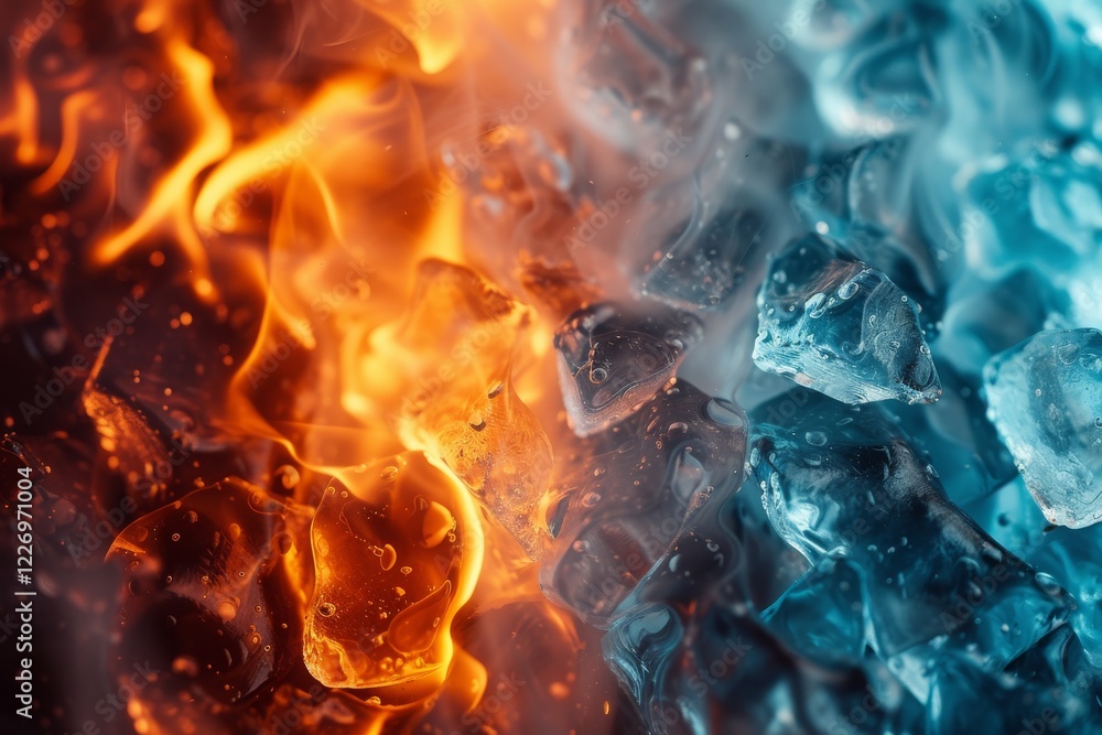 Poster a surreal blend of fire and ice textures illustrating the contrast between hot flames and cold ice c