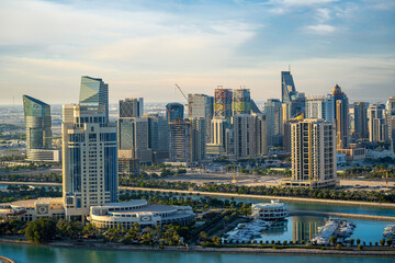 Obraz premium Lusail, Qatar - December 20, 2024: Aerial View of Modern Lusail Skyline. katara tower Lusail Marina 