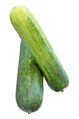 Top view of two long green cucumbers in stack and cross shape in vertical isolated on white background with clipping path