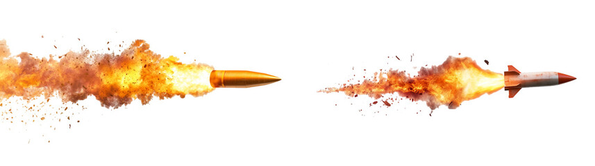 Rocket Soaring With a Fiery Trail on a White Background Showcasing Dynamic Motion and Power