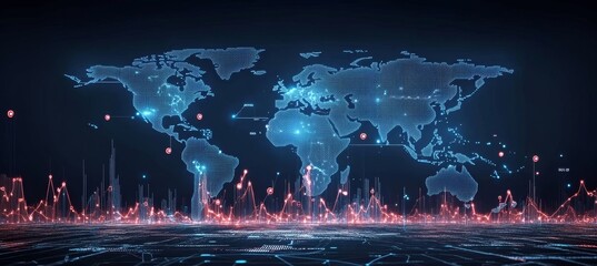 Fluid Line Graphs, Data Points, Global Connectivity Data Visualization, World Map Outline.
