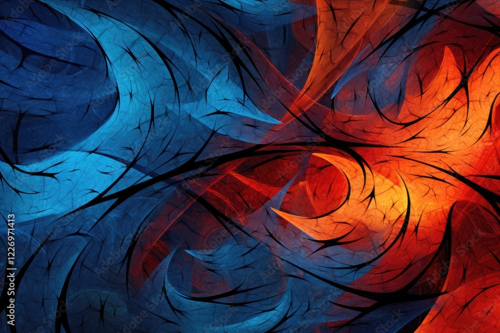 Poster fractal patterns of electric blue and fiery orange swirling together create a mesmerizing display of