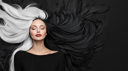 Elegant Portrait of a Young Woman with Flowing Black and White Hair Against a Dark Background
