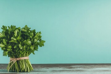 Obraz premium shot of fresh herbs tied with twine placed on weathered kitchen counter evoking charming farmhouse kitchen