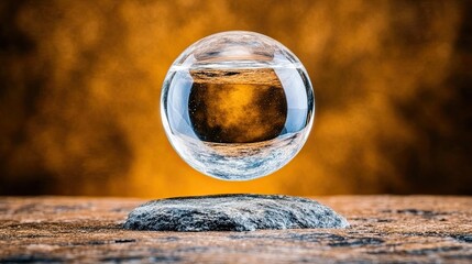 Floating Crystal Clear Orb of Water Above a Smooth Stone Surface Against a Warm Abstract Background