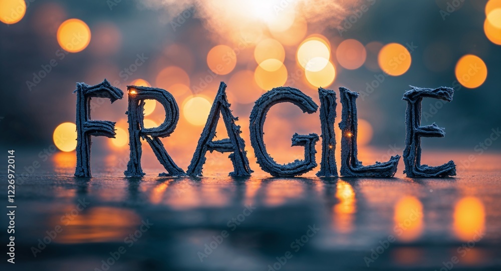Poster fragile lettering on blurred lights bokeh background
