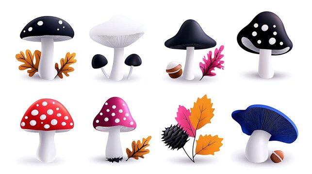 Collection of Colorful Autumn Mushrooms with Leaves and Acorns - Powered by Adobe