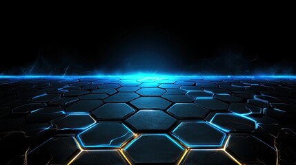 Naklejka premium Futuristic Blue Hexagonal Tiles with Glowing Edges Creating a Dazzling Digital Space Background