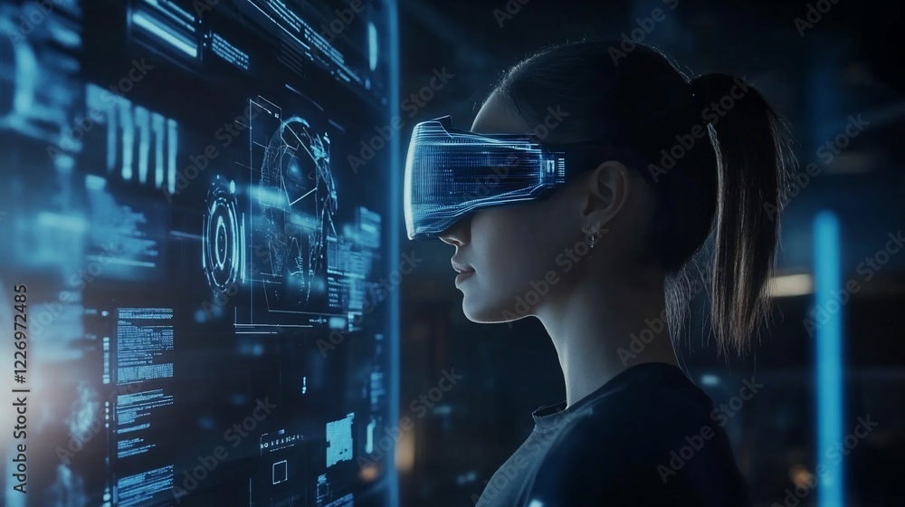 Poster a person is wearing a futuristic vr headset while facing a digital screen displaying code