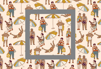Fototapeta premium Middle-aged men and women relax on the beach. Silhouettes of people in swimsuits on vacation. Seamless pattern illustration hand drawn on white background