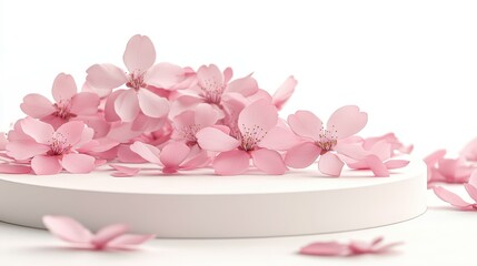 3D white cylindrical podium with cherry blossoms,pink sakura theme product display background,spring season,exhibition gallery display,podiums,Product presentation realistic podium,platform.