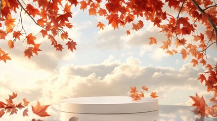 3D Empty podium background with Autumn leaves,Fall welcome, decorative trendy for sale,pedestal,Fall sale advertising banner,thanksgiving,seasonal marketing materials,template illustration.