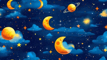 Fototapeta premium Celestial seamless pattern with stars, moons, and cosmic nebula effects