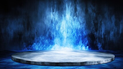 Illuminated Blue Smoke Rising from a Concrete Platform in a Dark Abstract Stage Setting