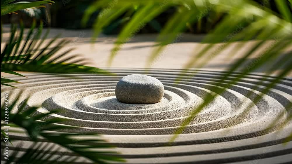 Poster creating tranquility with raked sand patterns around a solitary stone in a serene garden setting