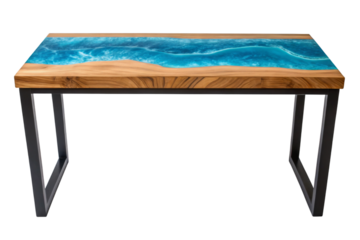 Modern epoxy resin coffee table with a flowing blue river design.