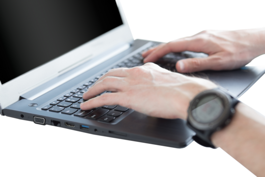 Man typing on laptop isolated on transparent background - Powered by Adobe