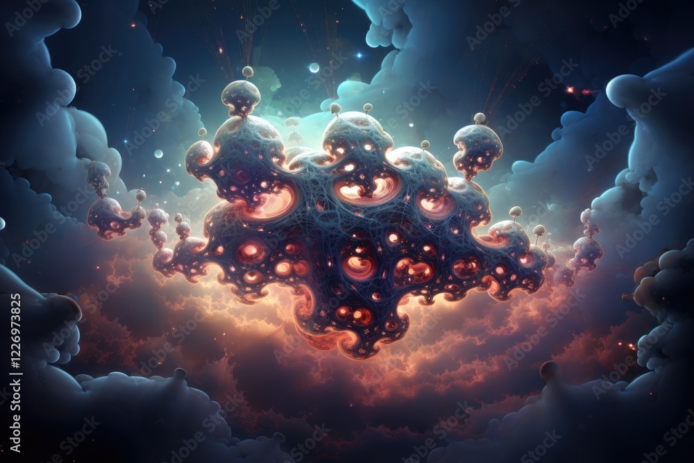 Poster exploring interconnected fractals in a digital landscape filled with ethereal clouds and vibrant col