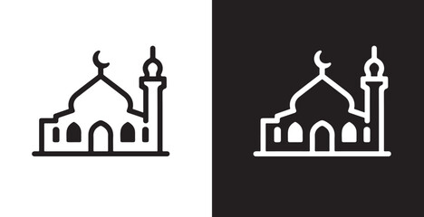 Set of Mosque icon, silhouette, outline, vector, illustration, isolated on a white and black background