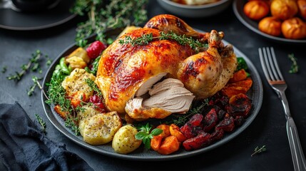 A plate of roast chicken with crispy skin and side vegetables