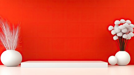 Minimalist Interior Design with Red Wall and Decorative Vases Featuring White Flowers in Modern Space