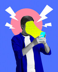 Contemporary art collage. Person using smartphone with digital face, surrounded by lightning...