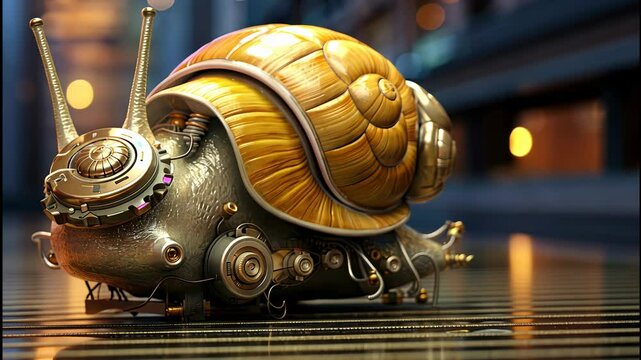 A whimsical journey of a mechanical snail gliding through a futuristic cityscape at dusk, blending nature and technology seamlessly