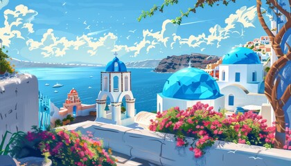 Vista panoramica sul mare con cupole blu, Santorini, Grecia