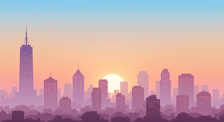 Fototapeta premium City Skyline Sunset Panorama Peaceful Urban Sunrise View
