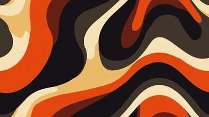 Retro 70s-inspired seamless pattern with bold, wavy shapes and warm earthy tones