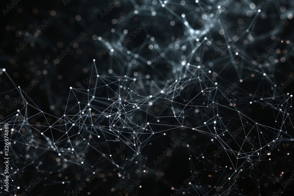 Poster a digital background featuring a complex network of interconnected dots and lines, illustrating a fu