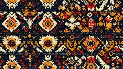 Tribal-inspired seamless pattern with bold cultural motifs and symmetrical designs