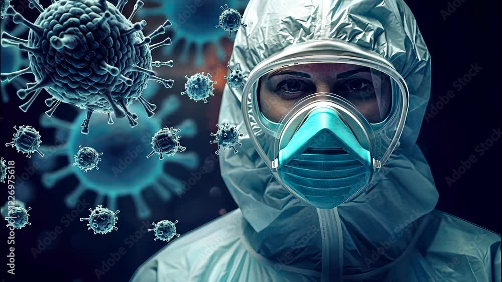 Poster exploring the unseen battle against viruses in a high-tech containment suit amidst a microscopic wor