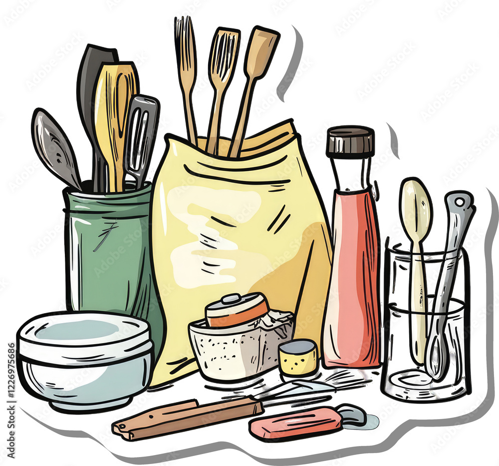 Wall mural Kitchen Utensils and Cooking Supplies Arranged Together