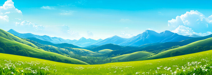 Spring landscape featuring green grass on a hill with majestic mountains in the background