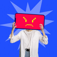 Contemporary art collage. Person holding smartphone as head with angry pixelated expression,...