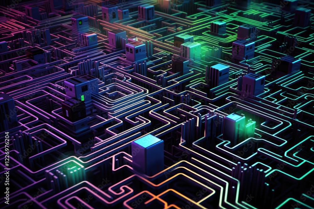 Poster exploring a vibrant neon maze of intricate circuit board patterns illuminated by colorful lights in 