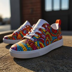 Colorful bright doodle pattern custom sneakers with a great view in the background. Outdoor view. Fashion style photo.	