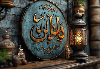 Decorative Arabic Calligraphy Plaque Next to an Illuminated Lantern on a Wooden Table

