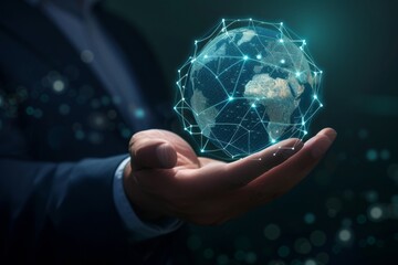 A businessman holds a holographic global network representation while standing in an office environment showcasing modern technology and international connectivity during a professional meeting