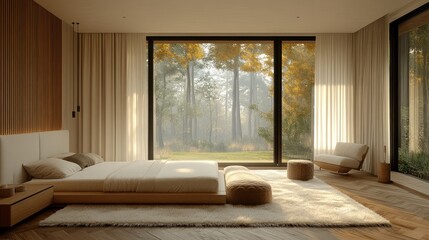 Modern bedroom autumn forest view, sunrise