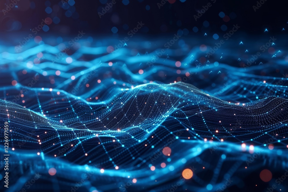 Poster futuristic technology wallpaper featuring glowing digital waves and interconnected data points in a 