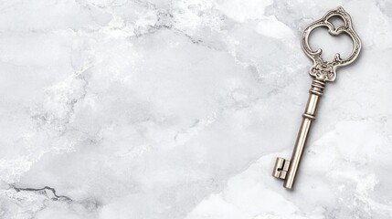 Vintage Silver Key on Marble Background as a Symbol of Unlocking Secret Spaces
