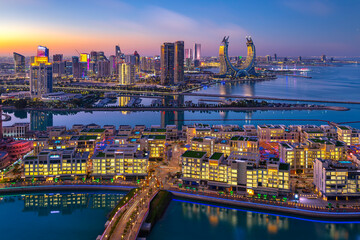 Lusail, Qatar - December 20, 2024: Lusail Marina Park. Lusail Skyline view after sunset	
