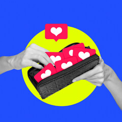 Conceptual art design. Hands holding black wallet filled with social media likes, symbolizing...